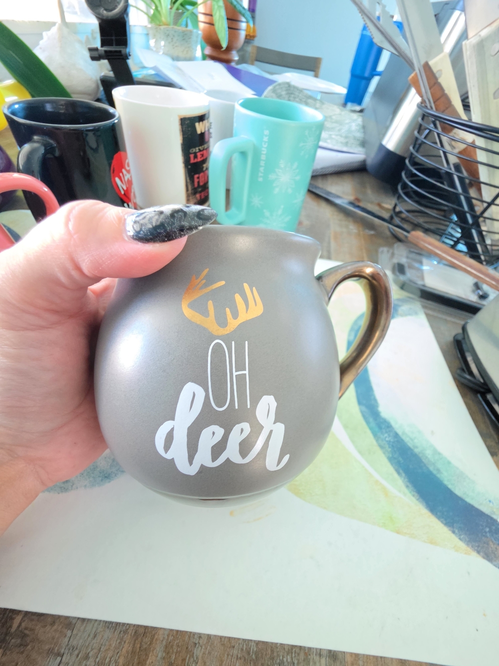 Oh Deer Gray Ceramic Mug with Gold Handle